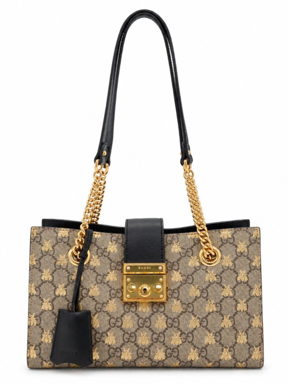 Gucci GG Supreme Bee Padlock Tote – Black Leather, Gold Chain (Pre-Owned)